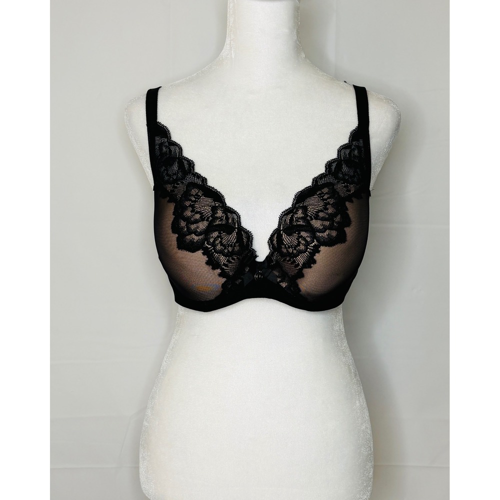 Chantelle Bra 38C Underwire Lace Plunge Orangerie Sheer Mesh Underlay Black 6762